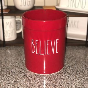 Rae Dunn red “BELIEVE” Christmas crock